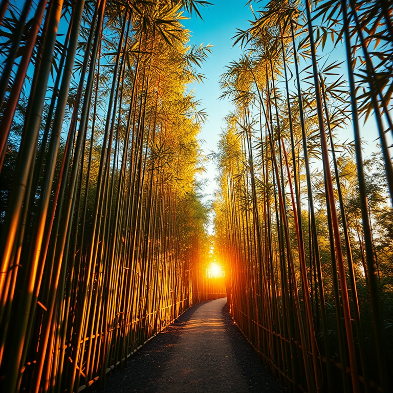 hyper-realistic render, a bamboo forest path, during golden hour, with clear blue sky, golden warm palette, macro extreme close-up, neon glow, award-winning composition, peaceful and serene