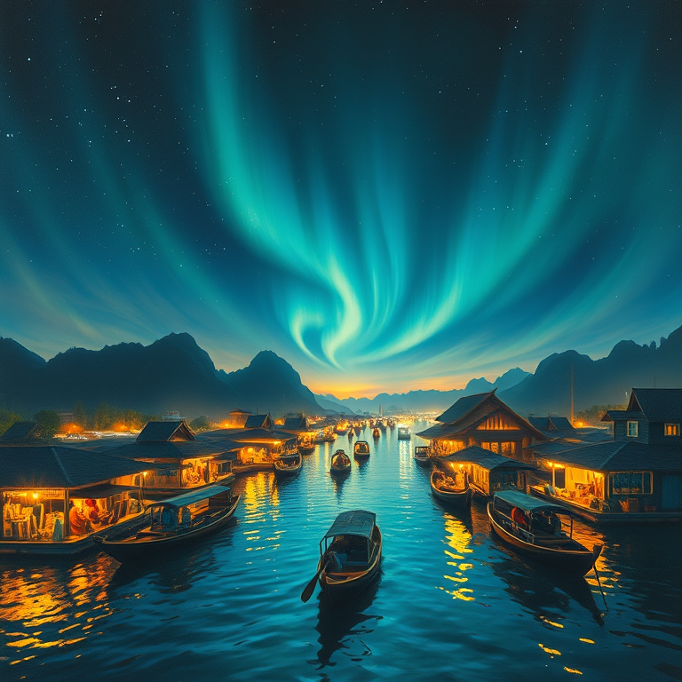 impressionist painting, a floating market in Thailand, at night under stars, with aurora in sky, golden warm palette, panoramic view, volumetric light rays, professional photography, melancholic and contemplative