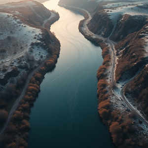 abstract art, a drone view of a winding river, at dawn, with snow falling, muted earth tones, low angle dramatic perspective, soft diffused lighting, masterpiece quality, peaceful and serene