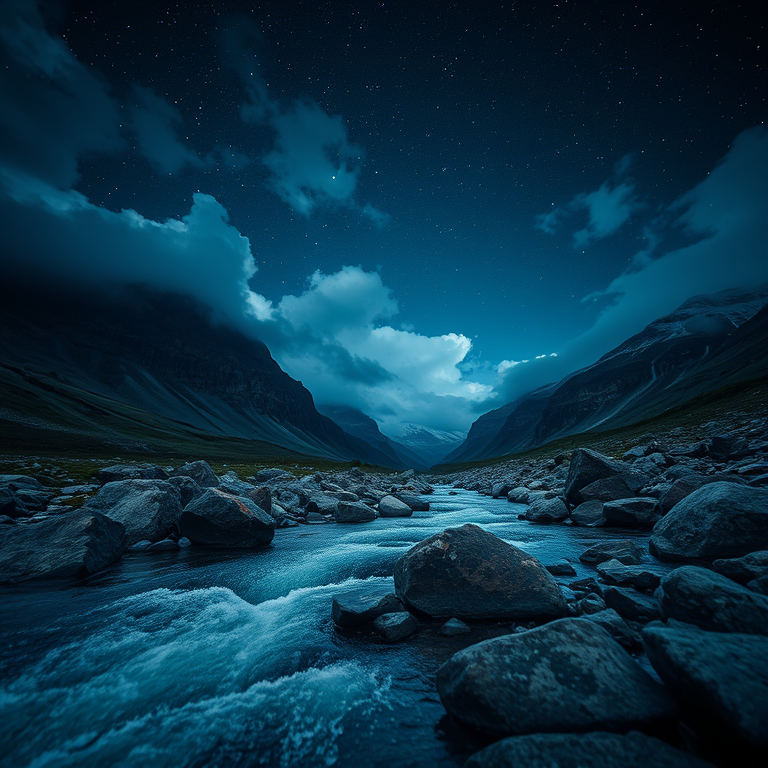 realistic photo, a crystal clear mountain stream, at night under stars, with dramatic cloud formations, deep rich jewel tones, low angle dramatic perspective, studio quality lighting, photorealistic, romantic and dreamy