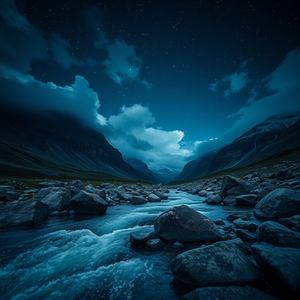 realistic photo, a crystal clear mountain stream, at night under stars, with dramatic cloud formations, deep rich jewel tones, low angle dramatic perspective, studio quality lighting, photorealistic, romantic and dreamy