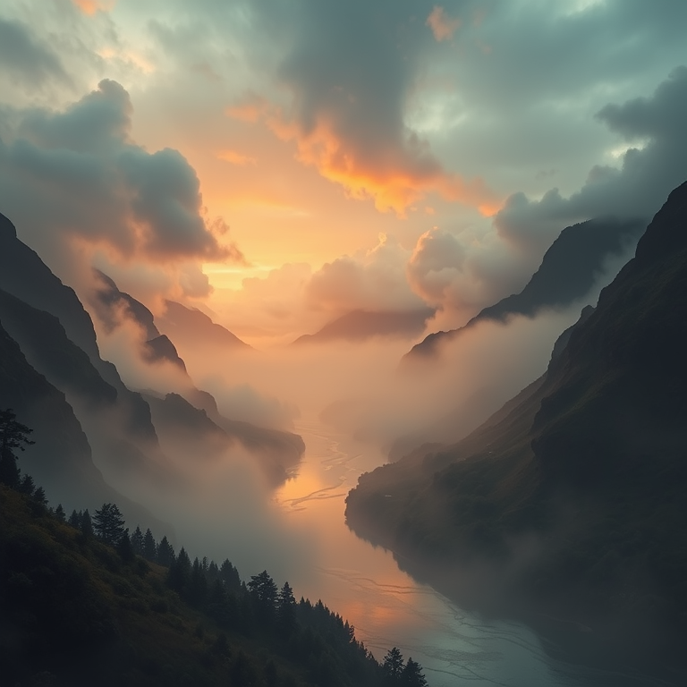 3D render, a misty river valley at dawn, during a storm, with dramatic cloud formations, warm tones, wide angle view, soft diffused lighting, award-winning composition, mysterious and ethereal