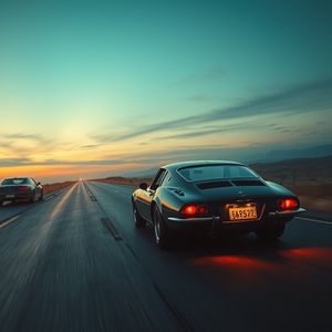 oil painting, a classic sports car on an open road, during golden hour, with gentle breeze, cool blue tones, bird eye view, moody atmospheric lighting, 8K UHD, melancholic and contemplative