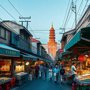 realistic photo, a bustling street market in Asia, at blue hour, with clear blue sky, teal and orange, panoramic view, studio quality lighting, award-winning composition, whimsical and playful