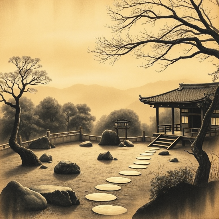 charcoal drawing, a Japanese zen garden, at midday, with misty atmosphere, golden warm palette, panoramic view, natural light, award-winning composition, dramatic and powerful