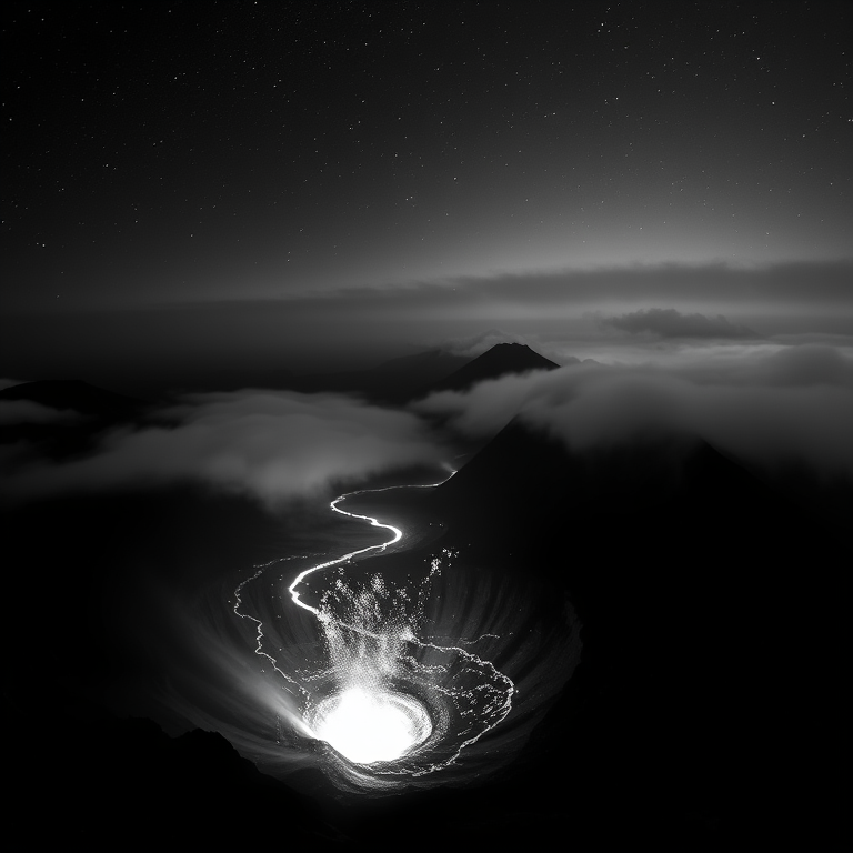 abstract art, a volcanic eruption with lava, at night under stars, with fog rolling in, monochrome black and white, panoramic view, studio quality lighting, highly detailed, mysterious and ethereal