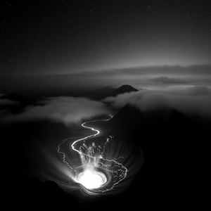 abstract art, a volcanic eruption with lava, at night under stars, with fog rolling in, monochrome black and white, panoramic view, studio quality lighting, highly detailed, mysterious and ethereal