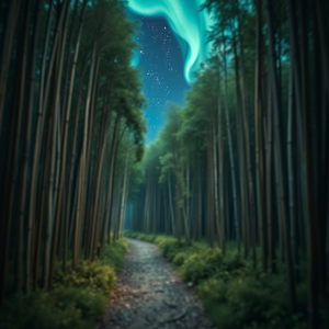 impressionist painting, a bamboo forest path, at night under stars, with aurora in sky, muted earth tones, tilt-shift miniature effect, soft diffused lighting, ultra high resolution, mysterious and ethereal
