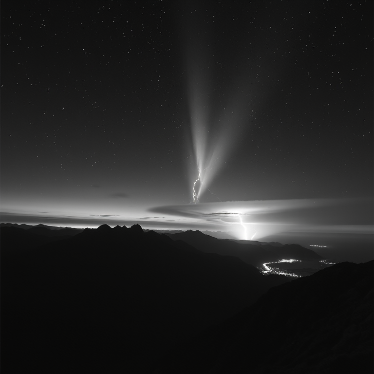 realistic photo, a meteor shower over mountains, at sunset, with lightning in distance, monochrome black and white, low angle dramatic perspective, neon glow, award-winning composition, awe-inspiring and grand