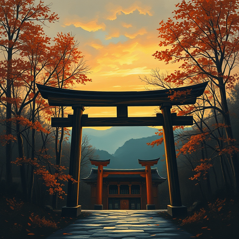 impressionist painting, a Japanese torii gate in autumn, during twilight, with rainbow in background, muted earth tones, panoramic view, dappled light through trees, highly detailed, melancholic and contemplative