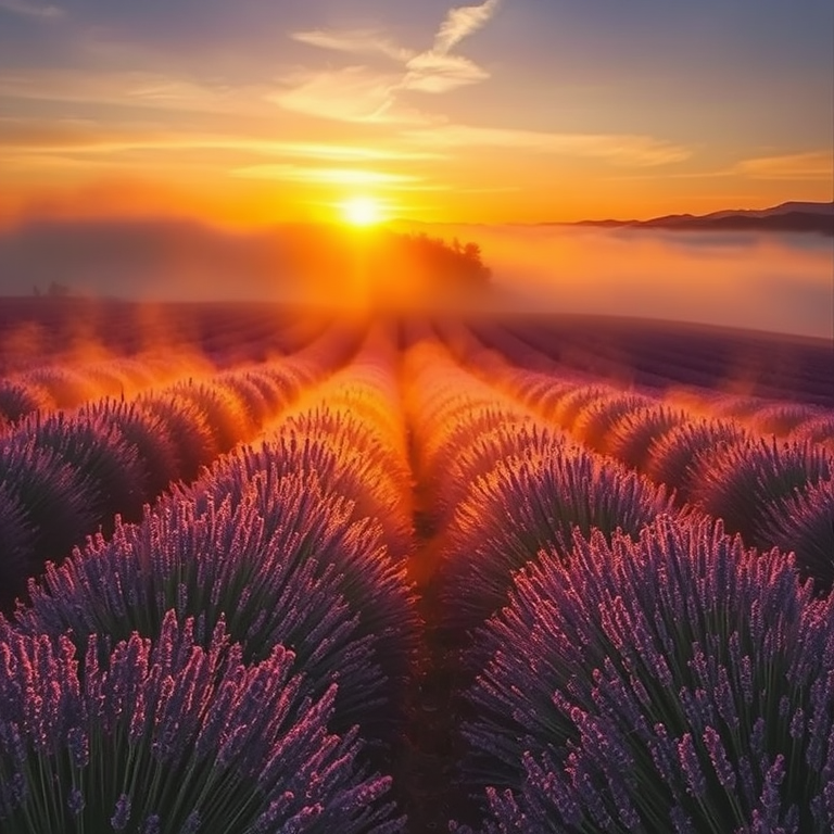charcoal drawing, a lavender field in Provence, during golden hour, with fog rolling in, vibrant saturated colors, bird eye view, moody atmospheric lighting, sharp focus, romantic and dreamy