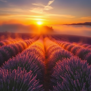 charcoal drawing, a lavender field in Provence, during golden hour, with fog rolling in, vibrant saturated colors, bird eye view, moody atmospheric lighting, sharp focus, romantic and dreamy