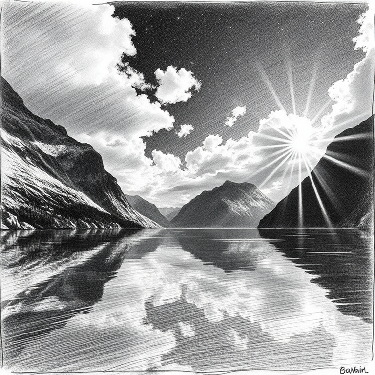 pencil sketch, a Norwegian fjord with mirror water, at night under stars, with dramatic cloud formations, monochrome black and white, macro extreme close-up, backlit with sun flare, photorealistic, dark and moody