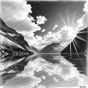 pencil sketch, a Norwegian fjord with mirror water, at night under stars, with dramatic cloud formations, monochrome black and white, macro extreme close-up, backlit with sun flare, photorealistic, dark and moody