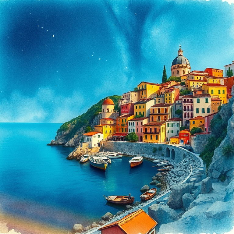 watercolor painting, a Mediterranean coastal town, at night under stars, with clear blue sky, warm tones, telephoto compression, dramatic side lighting, 8K UHD, energetic and vibrant