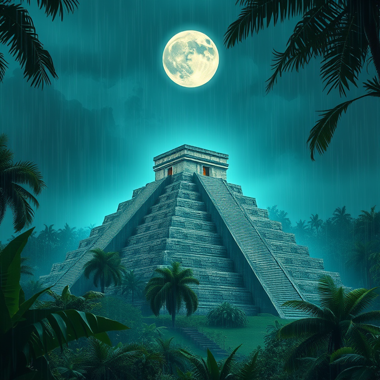 hyper-realistic render, a Mayan pyramid in jungle, under a full moon, with rain reflections, teal and orange, wide angle view, rim lighting, ultra high resolution, whimsical and playful