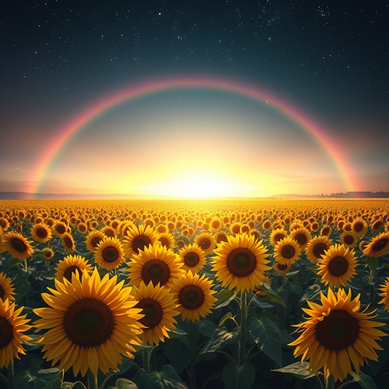 digital art, a sunflower field stretching to horizon, at night under stars, with rainbow in background, pastel soft colors, bird's eye view, dramatic side lighting, sharp focus, dramatic and powerful