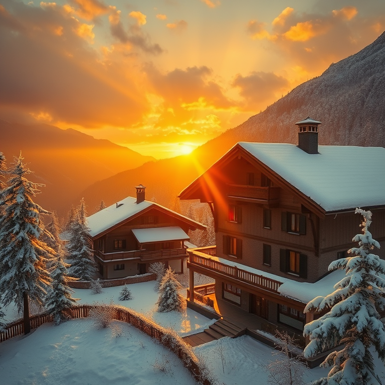 oil painting, a Swiss chalet in winter, at sunrise, with rainbow in background, golden warm palette, bird eye view, volumetric light rays, 8K UHD, peaceful and serene