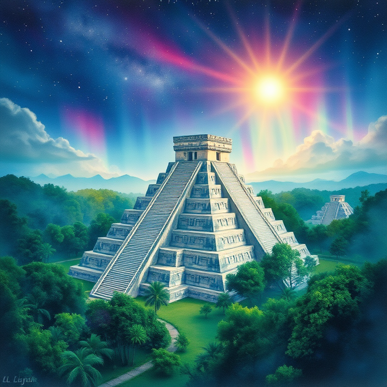 watercolor painting, a Mayan pyramid in jungle, at night under stars, with aurora in sky, pastel soft colors, bird eye view, backlit with sun flare, professional photography, dramatic and powerful