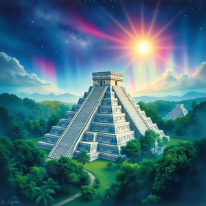 watercolor painting, a Mayan pyramid in jungle, at night under stars, with aurora in sky, pastel soft colors, bird eye view, backlit with sun flare, professional photography, dramatic and powerful