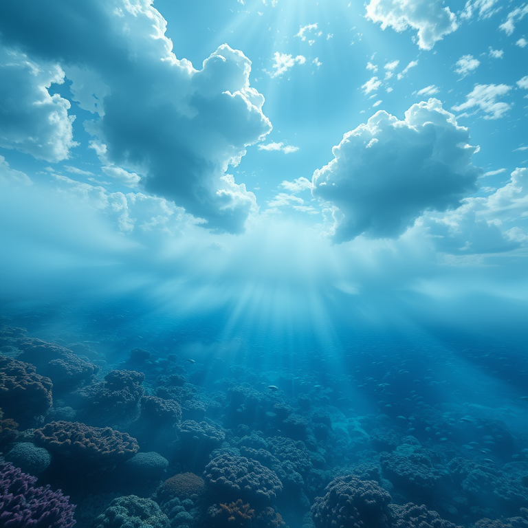 anime style, a coral reef underwater scene, in early morning mist, with dramatic cloud formations, cool blue tones, panoramic view, dramatic side lighting, ultra high resolution, melancholic and contemplative