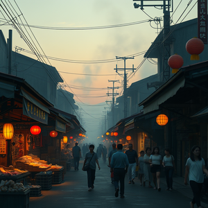 hyper-realistic render, a bustling street market in Asia, during twilight, with misty atmosphere, muted earth tones, wide angle view, rim lighting, RAW photo, whimsical and playful