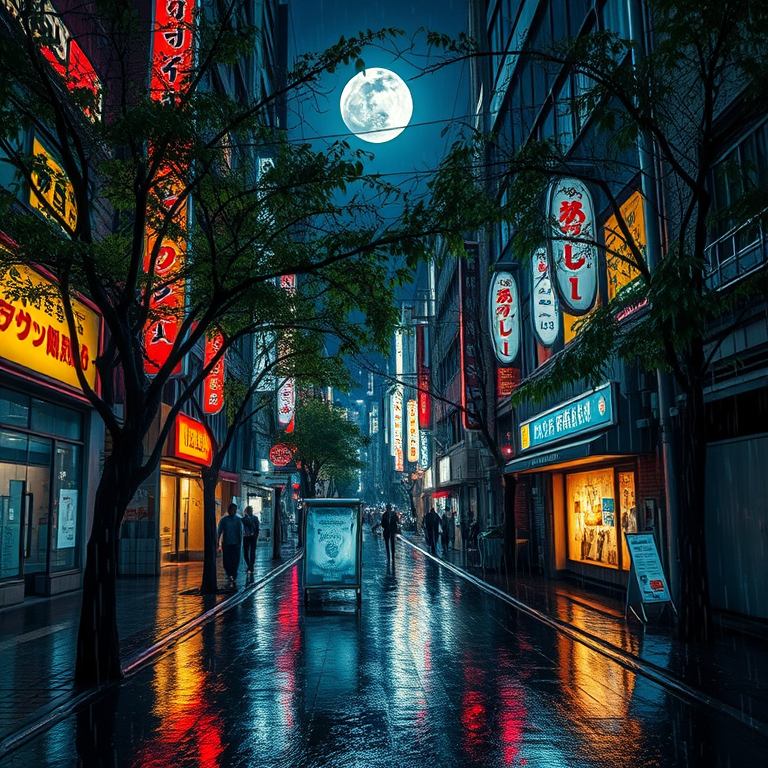 abstract art, a rain-soaked Tokyo street at night, under a full moon, with rain reflections, vibrant saturated colors, telephoto compression, dappled light through trees, RAW photo, whimsical and playful