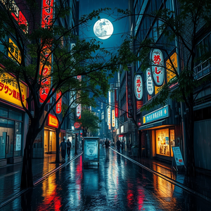abstract art, a rain-soaked Tokyo street at night, under a full moon, with rain reflections, vibrant saturated colors, telephoto compression, dappled light through trees, RAW photo, whimsical and playful