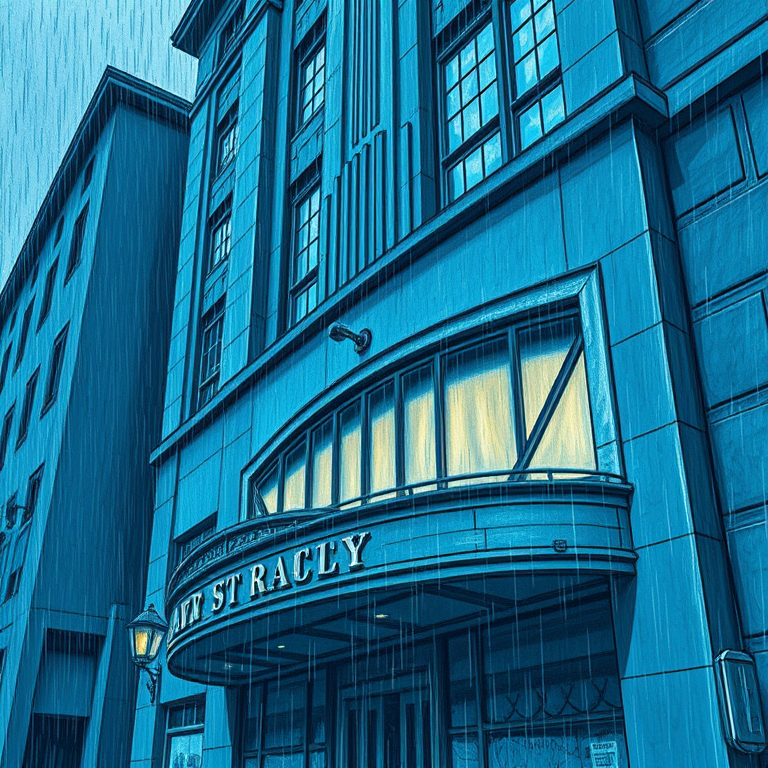 pencil sketch, an art deco building facade, during a storm, with rain reflections, cool blue tones, close-up detail shot, moody atmospheric lighting, 8K UHD, romantic and dreamy