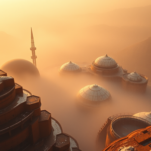 retro vintage photo, a futuristic Mars colony, in early morning mist, with snow falling, golden warm palette, bird eye view, natural light, sharp focus, romantic and dreamy