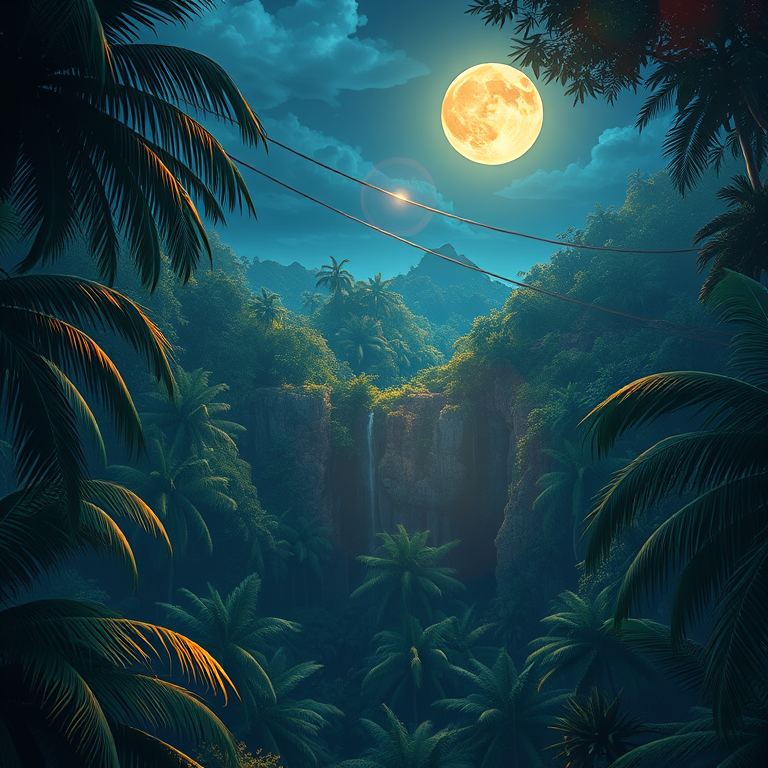 anime style, a tropical rainforest canopy, under a full moon, with gentle breeze, warm tones, panoramic view, neon glow, ultra high resolution, mysterious and ethereal