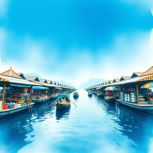 watercolor painting, a floating market in Thailand, at dawn, with clear blue sky, cool blue tones, wide angle view, soft diffused lighting, award-winning composition, peaceful and serene