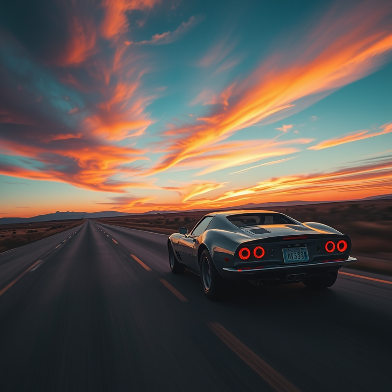 oil painting, a classic sports car on an open road, at sunset, with gentle breeze, high contrast, aerial drone perspective, neon glow, masterpiece quality, cozy and warm