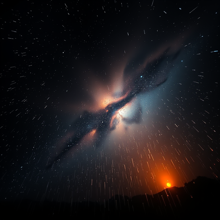 realistic photo, a deep space nebula with stars, at sunrise, with rain reflections, high contrast, low angle dramatic perspective, backlit with sun flare, RAW photo, melancholic and contemplative