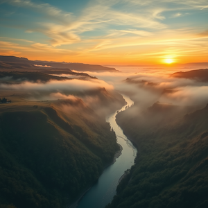 realistic photo, a misty river valley at dawn, during golden hour, with aurora in sky, muted earth tones, bird eye view, soft diffused lighting, sharp focus, awe-inspiring and grand