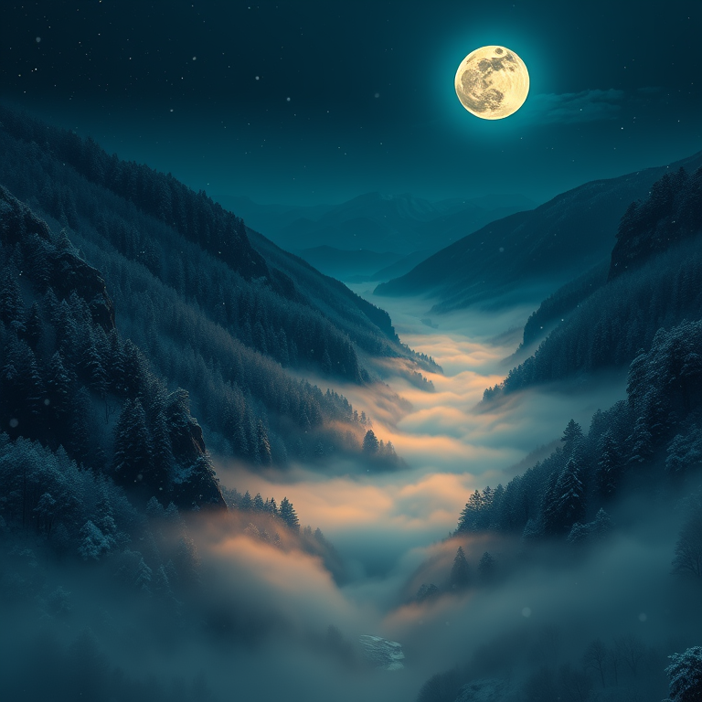 oil painting, a misty river valley at dawn, under a full moon, with snow falling, high contrast, aerial drone perspective, neon glow, sharp focus, awe-inspiring and grand