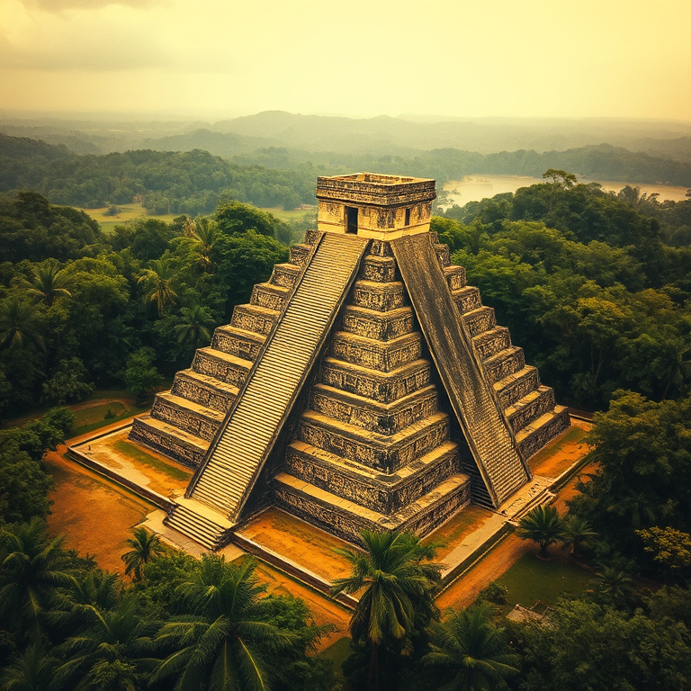 retro vintage photo, a Mayan pyramid in jungle, at midday, with rain reflections, golden warm palette, aerial drone perspective, dramatic side lighting, professional photography, dramatic and powerful
