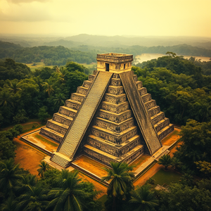 retro vintage photo, a Mayan pyramid in jungle, at midday, with rain reflections, golden warm palette, aerial drone perspective, dramatic side lighting, professional photography, dramatic and powerful