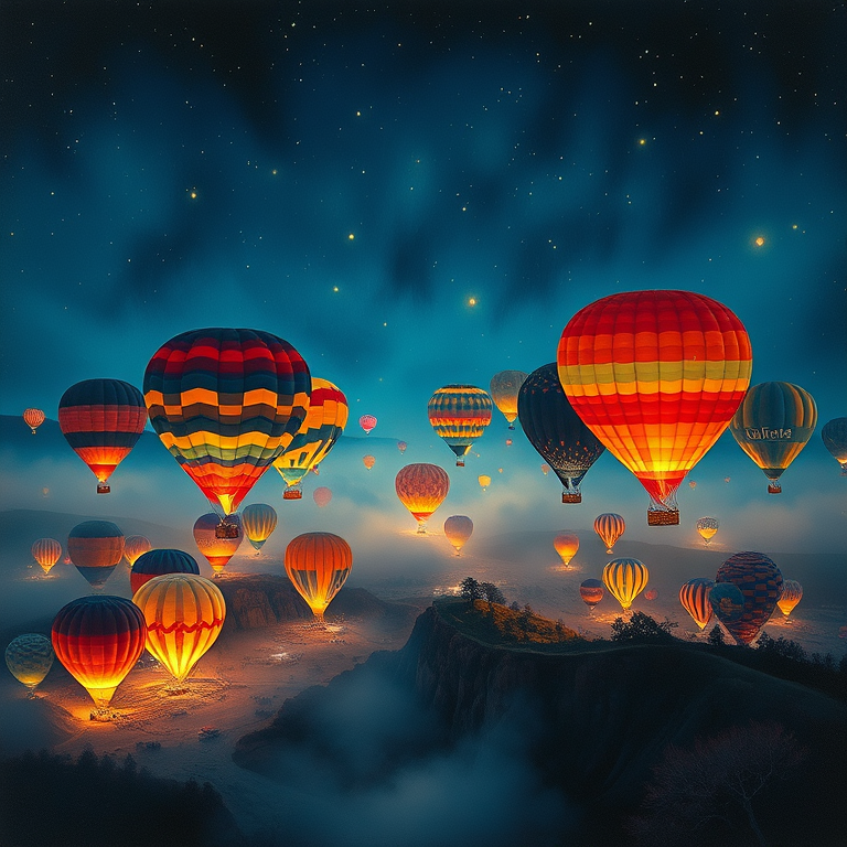 impressionist painting, a colorful hot air balloon festival, at night under stars, with misty atmosphere, deep rich jewel tones, panoramic view, moody atmospheric lighting, masterpiece quality, awe-inspiring and grand