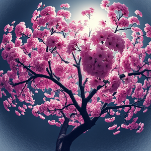 pencil sketch, a cherry blossom tree in full bloom, at dawn, with gentle breeze, deep rich jewel tones, fish-eye lens, backlit with sun flare, award-winning composition, dark and moody