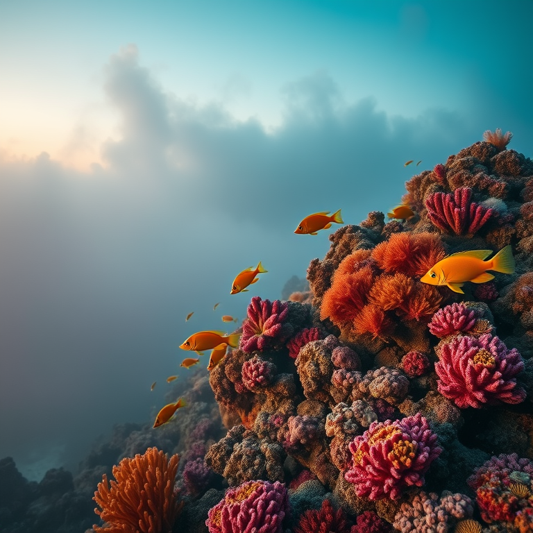 digital art, a colorful coral reef with tropical fish, during twilight, with fog rolling in, muted earth tones, wide angle view, studio quality lighting, RAW photo, dramatic and powerful