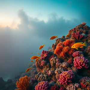 digital art, a colorful coral reef with tropical fish, during twilight, with fog rolling in, muted earth tones, wide angle view, studio quality lighting, RAW photo, dramatic and powerful