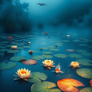 impressionist painting, a koi pond with lily pads, at blue hour, with misty atmosphere, pastel soft colors, close-up detail shot, rim lighting, ultra high resolution, peaceful and serene