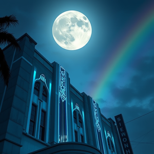 concept art, an art deco building facade, under a full moon, with rainbow in background, cool blue tones, close-up detail shot, moody atmospheric lighting, professional photography, whimsical and playful