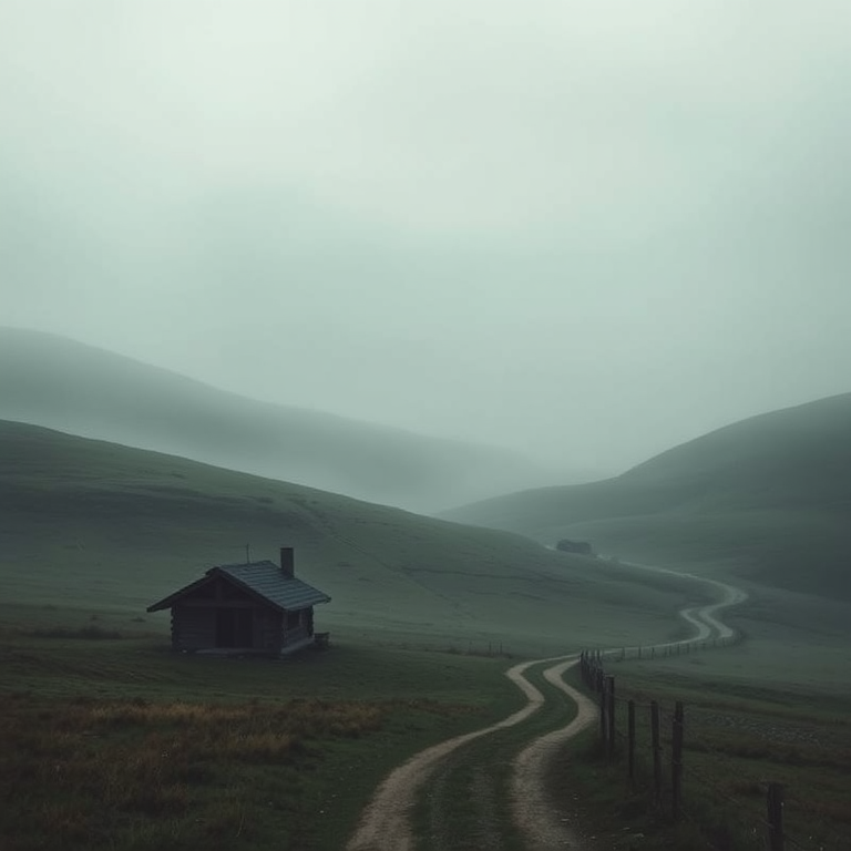 A foggy countryside with rolling hills, a small wooden cabin, and a winding dirt road disappearing into the mist, soft muted colors, moody and atmospheric, high detail.