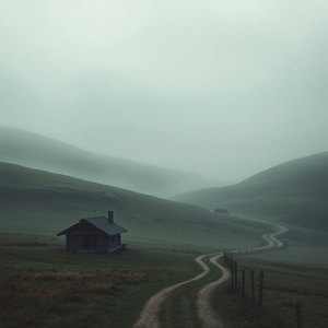 A foggy countryside with rolling hills, a small wooden cabin, and a winding dirt road disappearing into the mist, soft muted colors, moody and atmospheric, high detail.