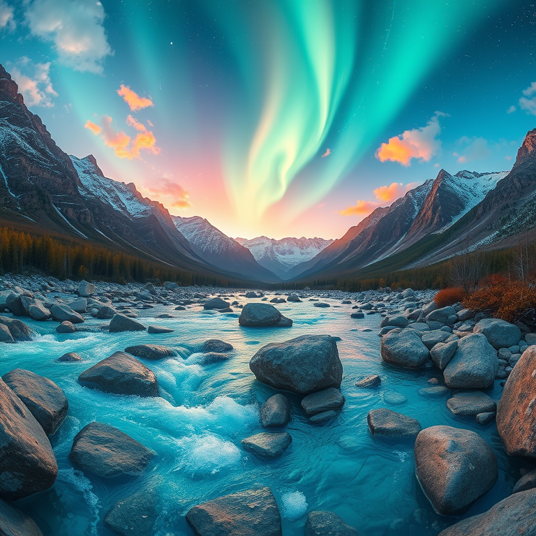 anime style, a crystal clear mountain stream, at dawn, with aurora in sky, teal and orange, fish-eye lens, neon glow, ultra high resolution, awe-inspiring and grand