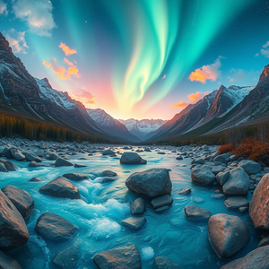 anime style, a crystal clear mountain stream, at dawn, with aurora in sky, teal and orange, fish-eye lens, neon glow, ultra high resolution, awe-inspiring and grand