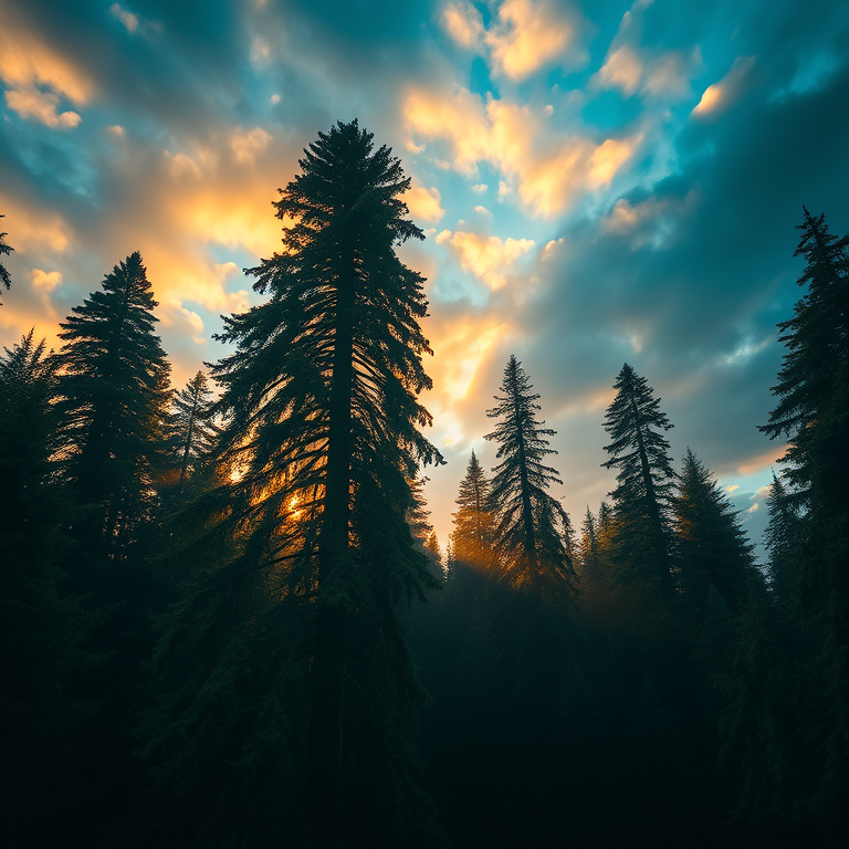 digital art, a towering redwood forest, during golden hour, with dramatic cloud formations, cool blue tones, bird eye view, natural light, 8K UHD, mysterious and ethereal