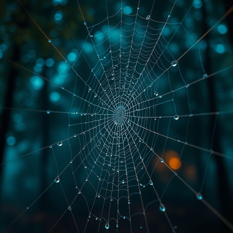 oil painting, a macro shot of morning dew on spider web, at night under stars, with misty atmosphere, teal and orange, macro extreme close-up, dappled light through trees, masterpiece quality, energetic and vibrant